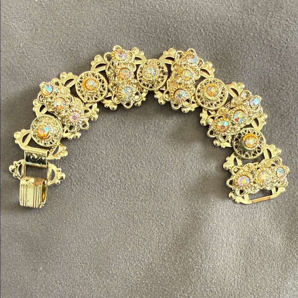 Gold Floral Bracelet with Rhinestones